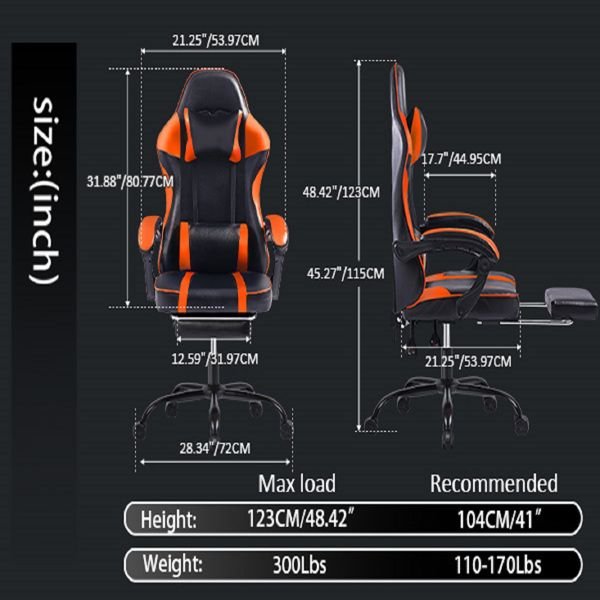 Orange PU Leather Gaming Chair with Footrest - Comfortable 360° Swivel Gamer Chair for Heavy Adults - Task & Tether