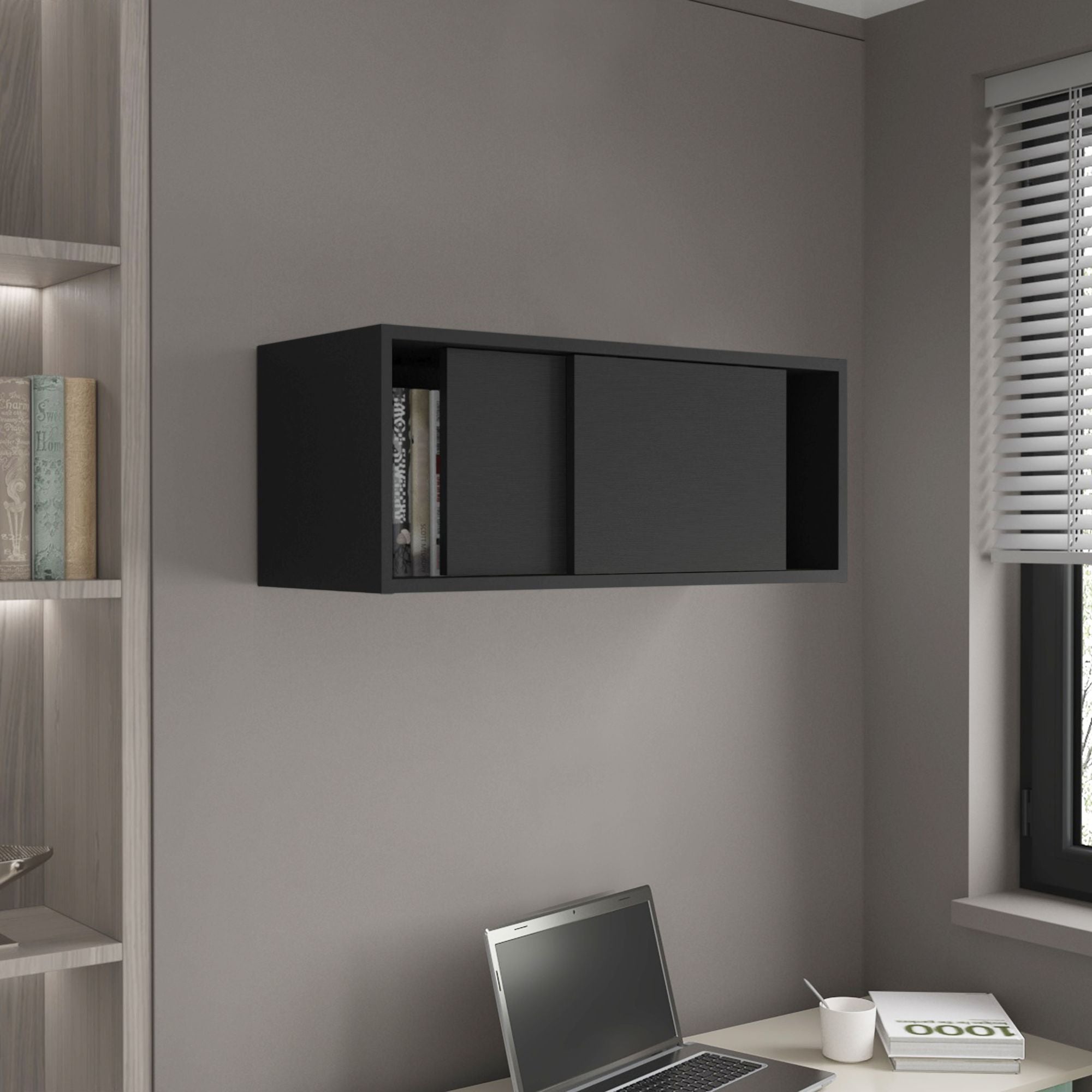 Wall Cabinet 13" H, 2 Sliding doors, 1 Shelf, Black - Task & Tether