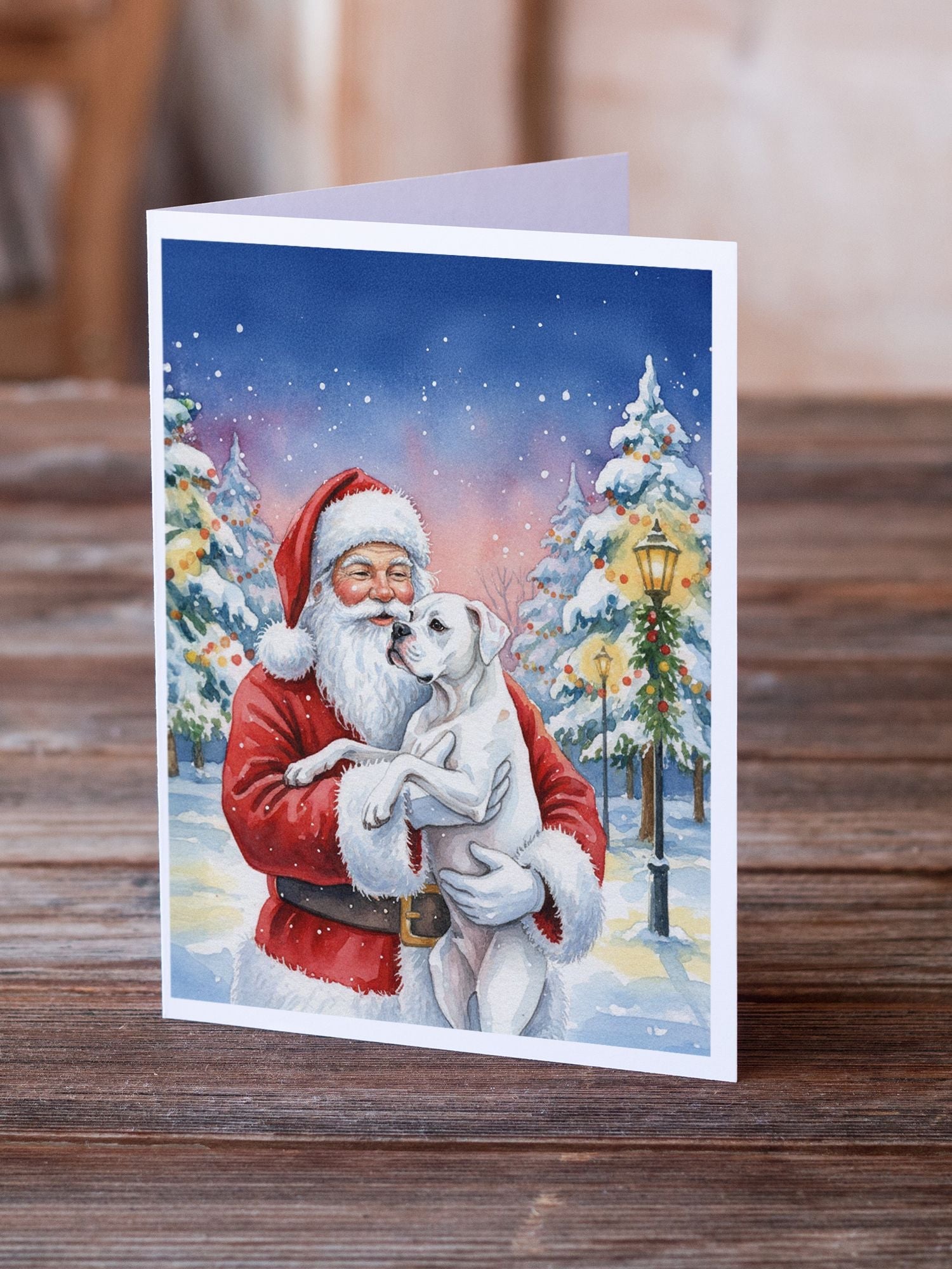 White Boxer with Santa Claus Greeting Cards Pack of 8 Blank Cards with Envelopes Whimsical A7 Size 5x7 - Task & Tether